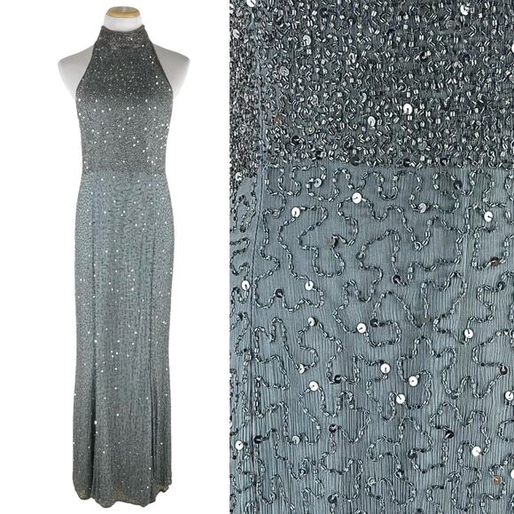 Ricci Wear Halter Neck Sequin Embellished Evening Gown Gray Silver Size M - Picture 3 of 14